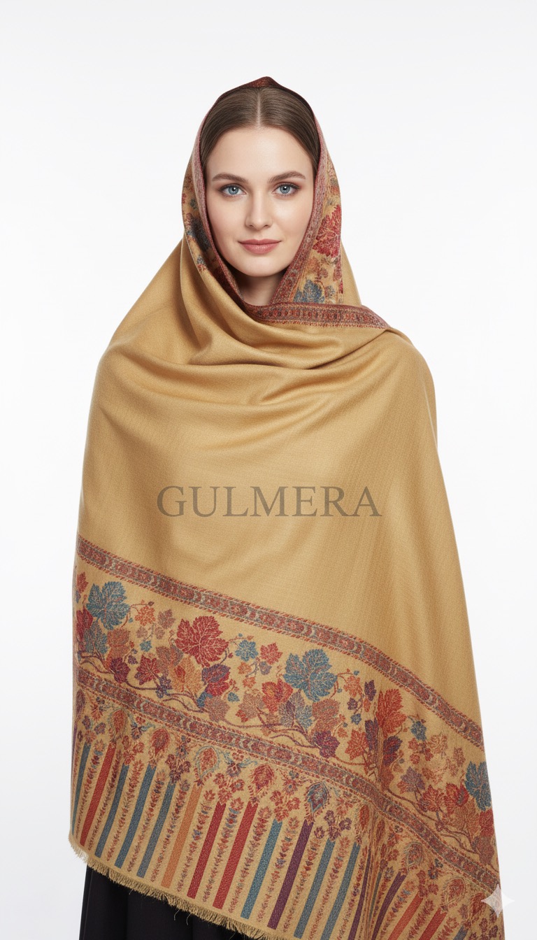 JAMAVAR PALLA BORDER SHAWL WOOL BLEND 