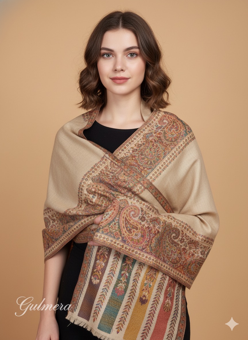 JAMAVAR PALLA BORDER SHAWL WOOL BLEND 