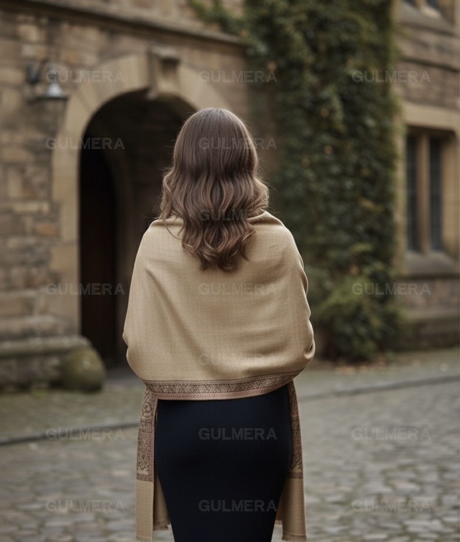 ELEGANT JAMAVAR WOOL BLEND BEIGE SHAWL WITH SIRVOSKI