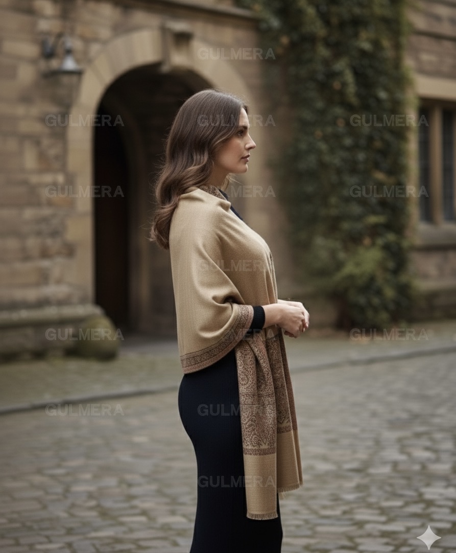 ELEGANT JAMAVAR WOOL BLEND BEIGE SHAWL WITH SIRVOSKI