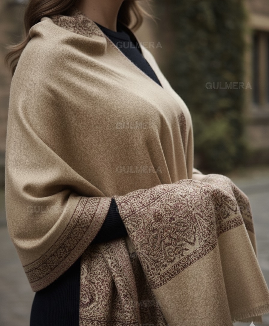 ELEGANT JAMAVAR WOOL BLEND BEIGE SHAWL WITH SIRVOSKI