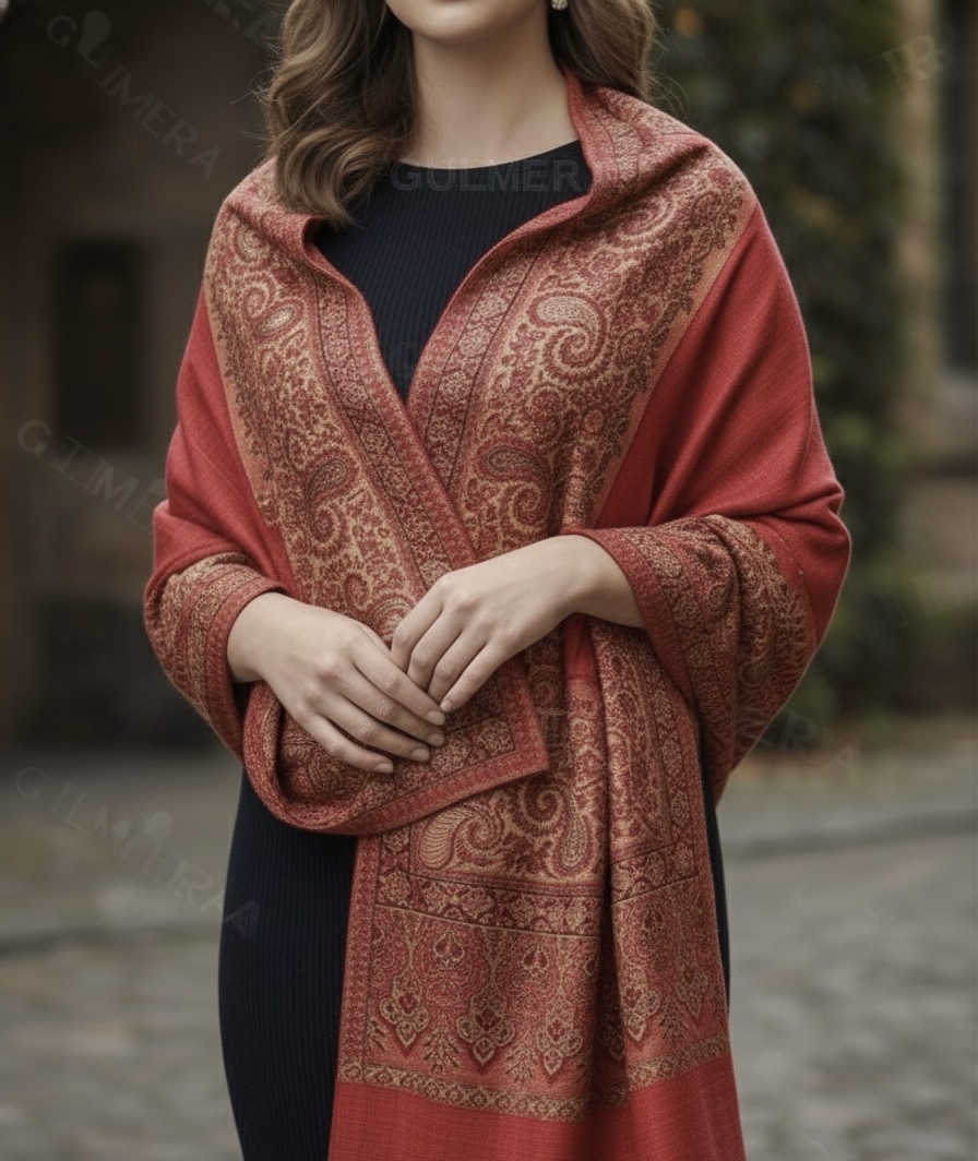 ELEGANT JAMAVAR WOOL BLEND REDDIOSH MEHROON SHAWL WITH SIRVOSKI