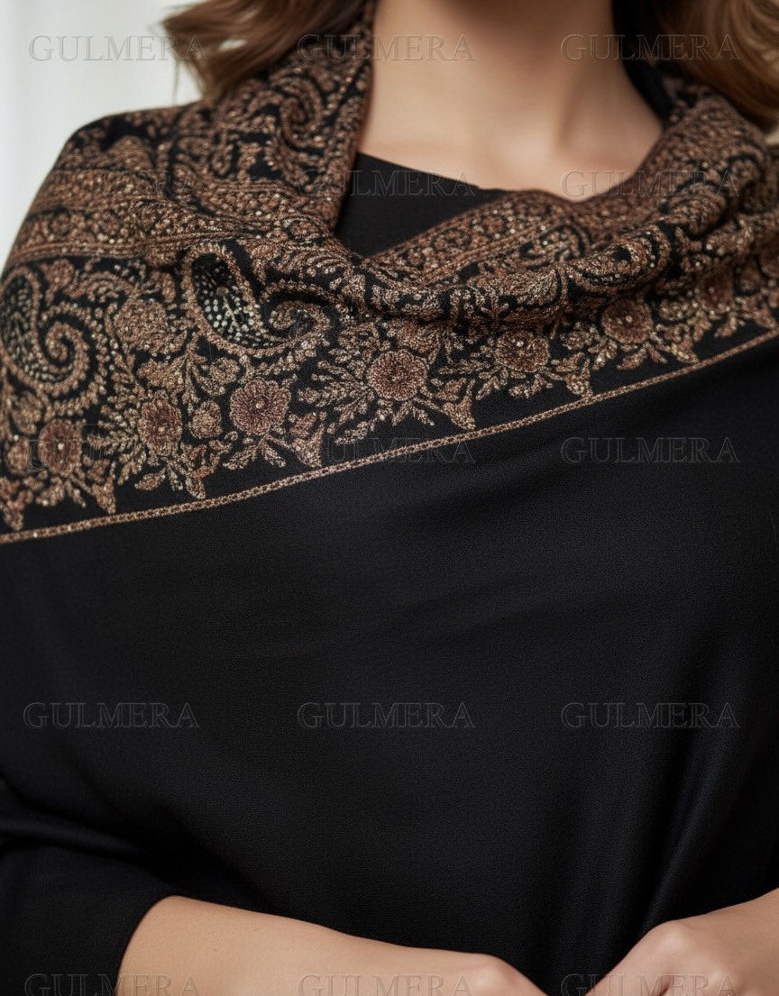 ELEGANT JAMAVAR WOOL BLEND BLACK SHAWL WITH SIRVOSKI