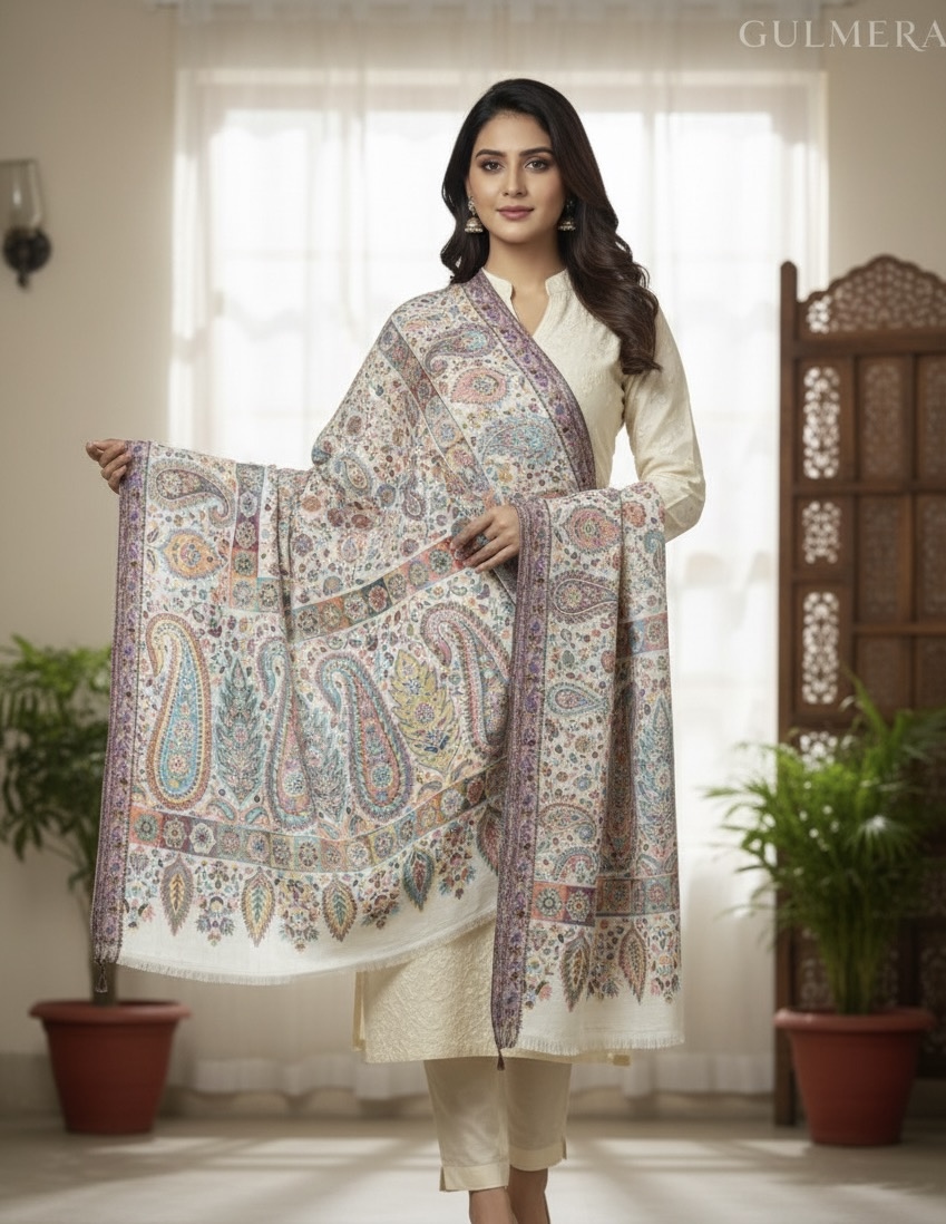 WOOL SILK KANI STOLE CREAM 