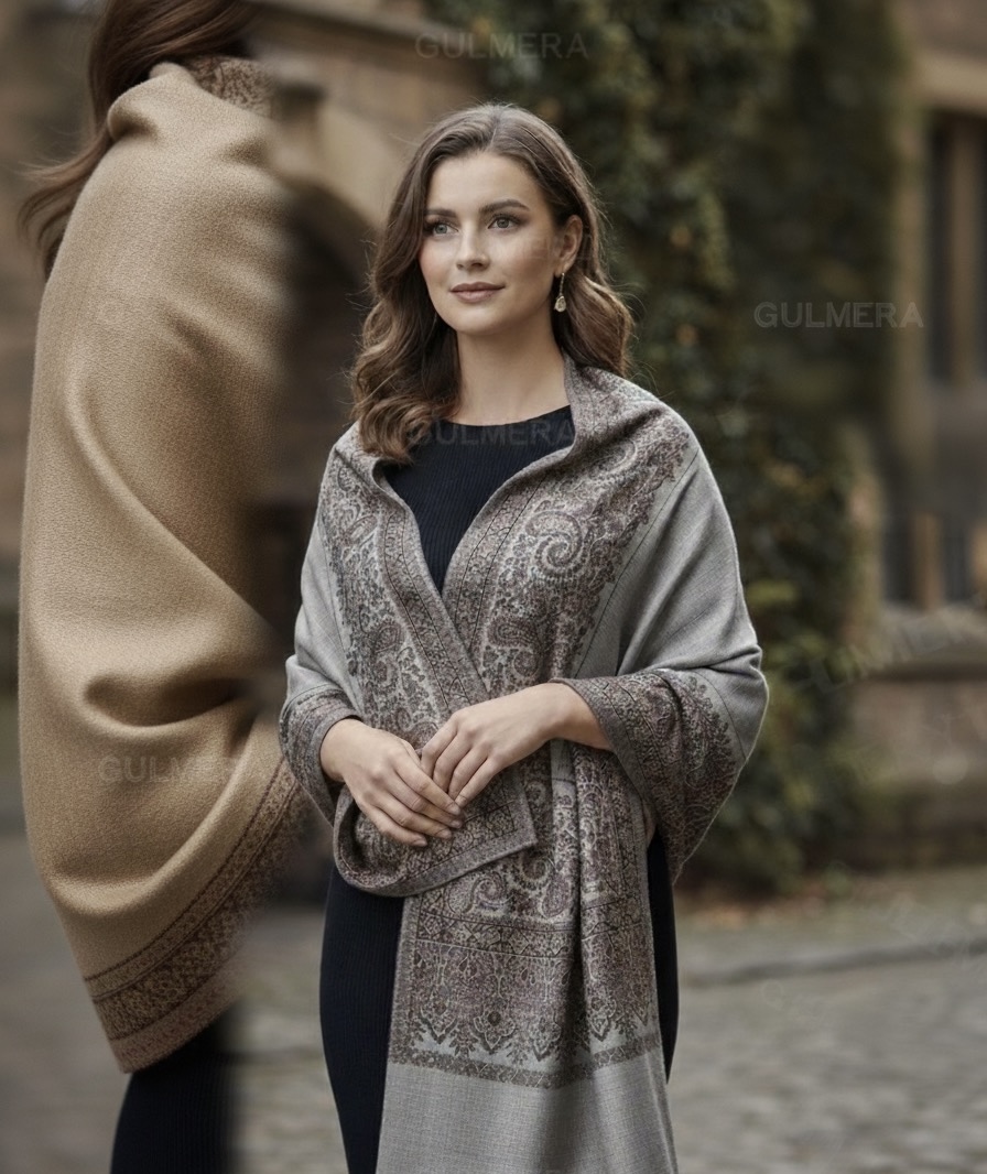 ELEGANT JAMAVAR WOOL BLEND MELAMGE GREY SHAWL WITH SIRVOSKI