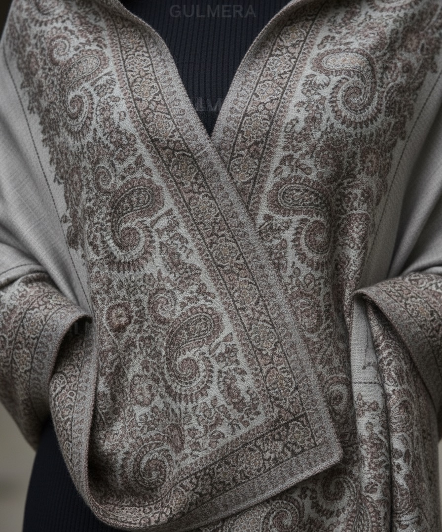 ELEGANT JAMAVAR WOOL BLEND MELAMGE GREY SHAWL WITH SIRVOSKI